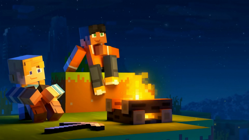 Friends around a campfire in their Minecraft world